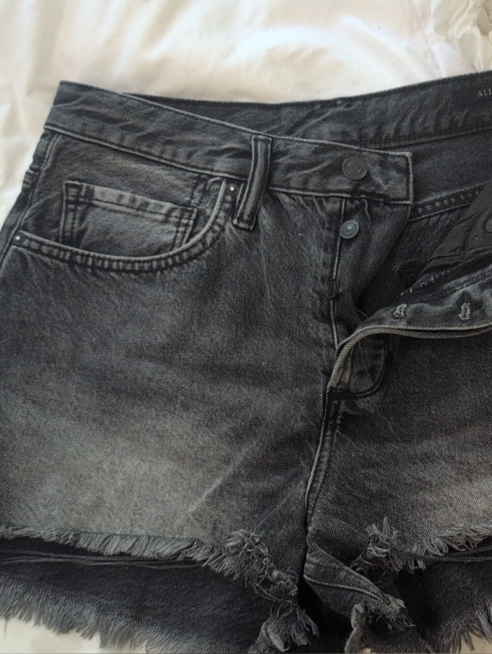 AllSaints Washed Black Frayed Hem Denim Shorts